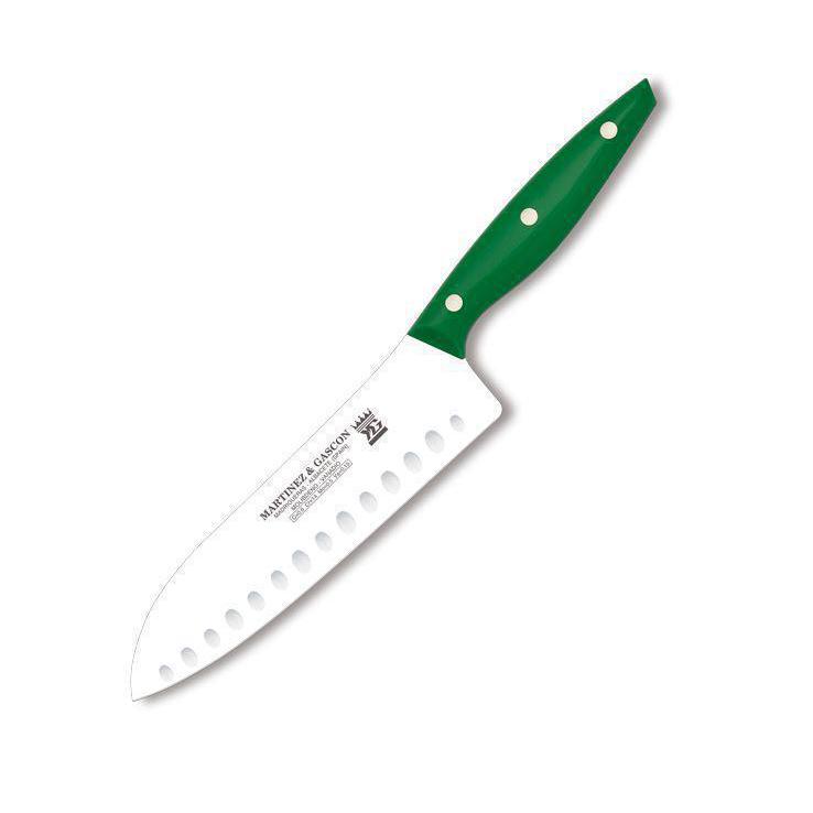 Faca Santoku com lâmina alveolada de 20 cm e cabo de polioximetileno em diversas cores