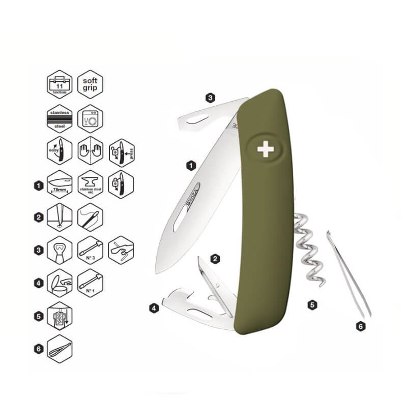Faca multiuso Swiza D03 verde oliva com 11 funções