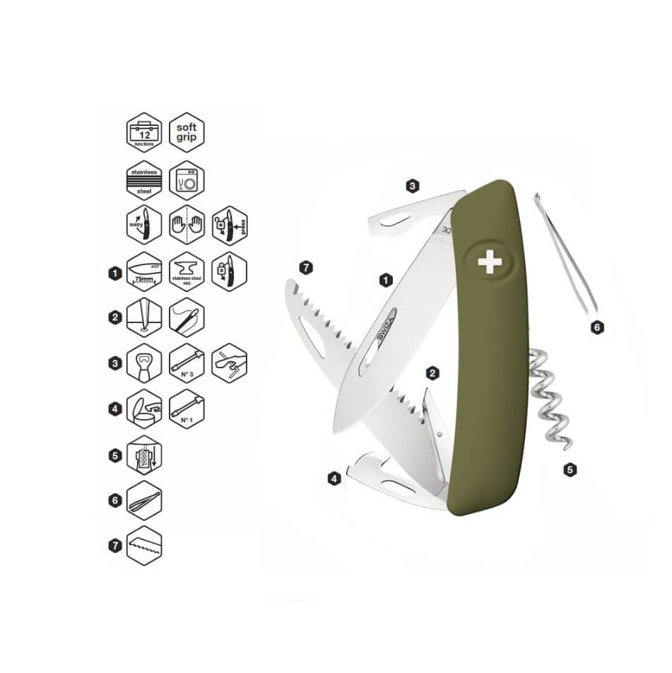 Swiza D05 olive green multipurpose knife with 12 functions KNI.0050.1050