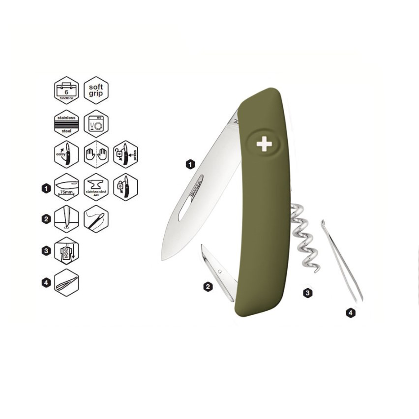 Swiza D01 Olive Green multipurpose knife with 6 functions KNI.0010.1050