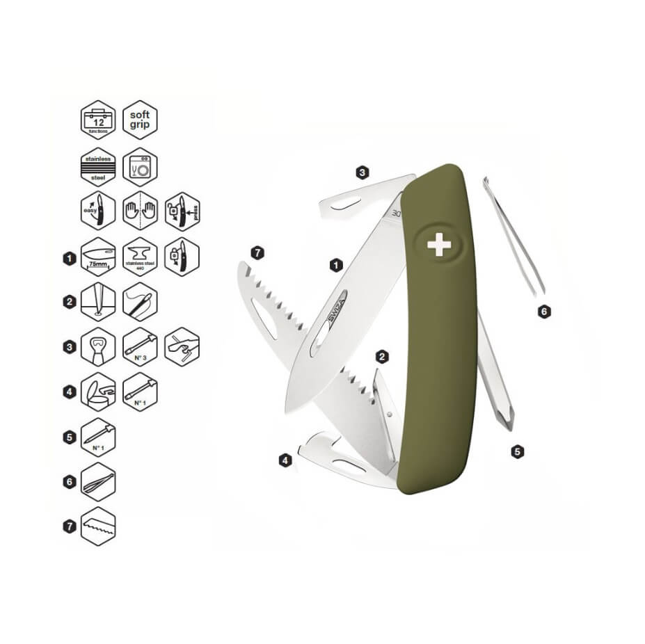 Navaja multiusos Swiza D06 verde oliva con 12 funciones KNI.0060.1050