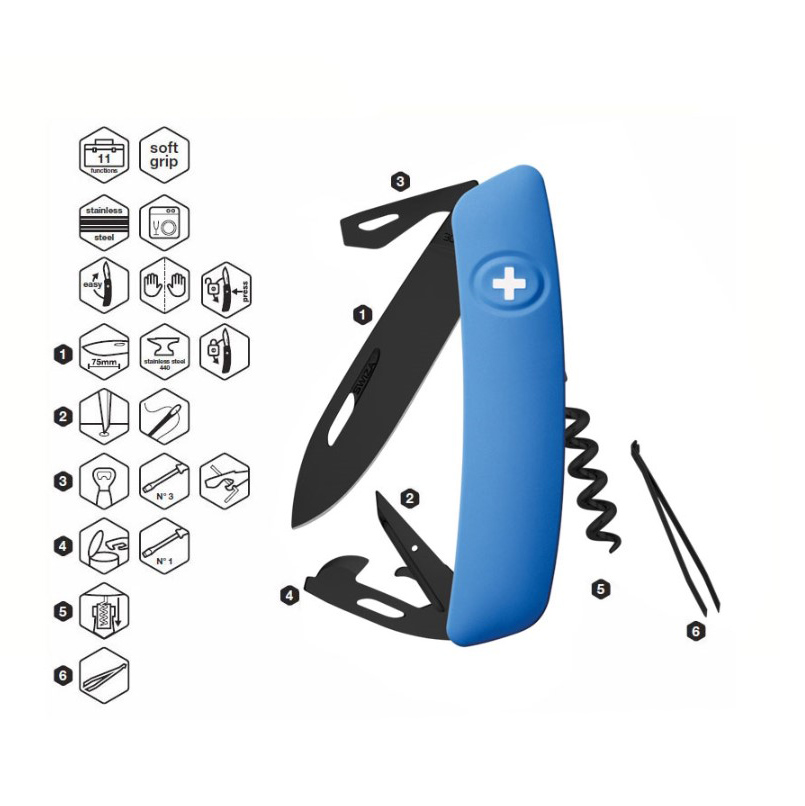 Navaja multiusos Swiza D03 AllBlack con mango azul