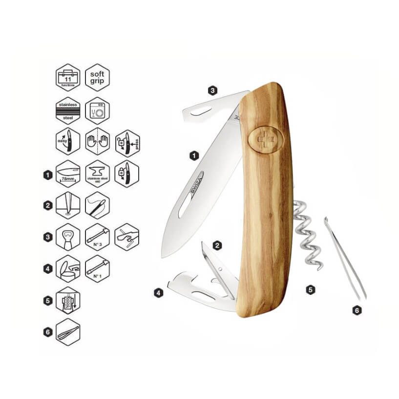Navaja multiusos Swiza D03 con mango de madera de olivo