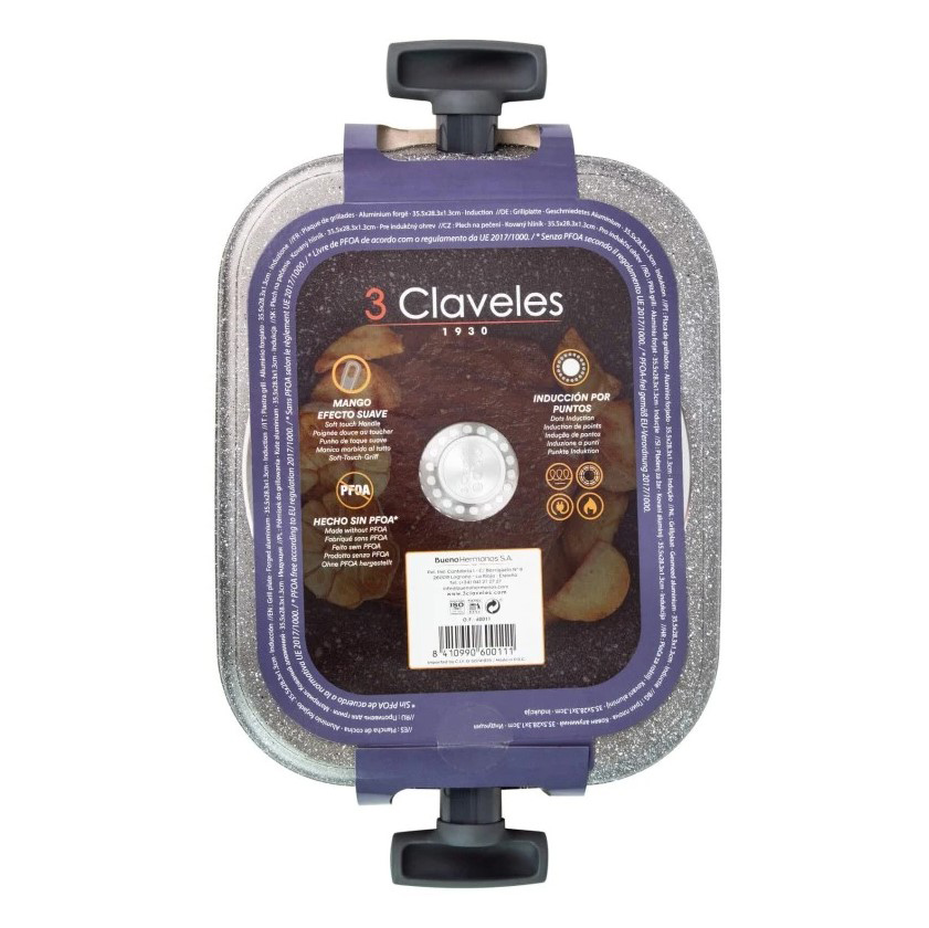 Grill Antiadherente 35,5x28,3x1,3 cm 3 Claveles Grey con asas de silicona