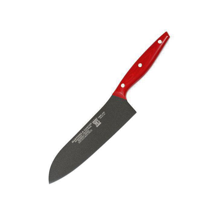 Faca Santoku com lâmina preta de 20 cm e cabo de micarta vermelho