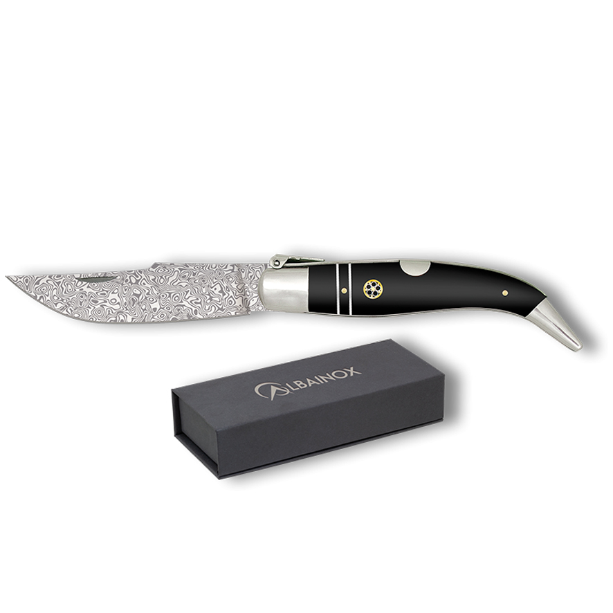 Navaja clásica Nº 1 con hoja de 9.5 cm de acero damasco y mango de madera negra decorada