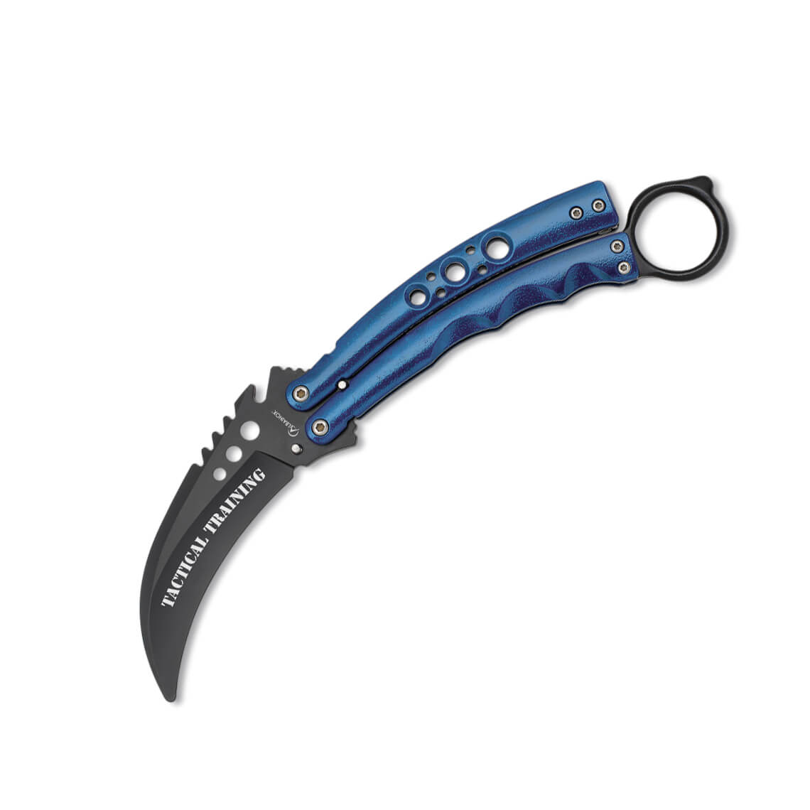Navaja mariposa de entrenamiento karambit con mango de acero azul