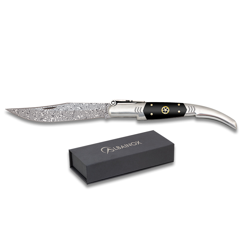 Navaja damasco Nº 1 con mango de estamina negra y acero hoja de 10 cm con bloqueo de carraca