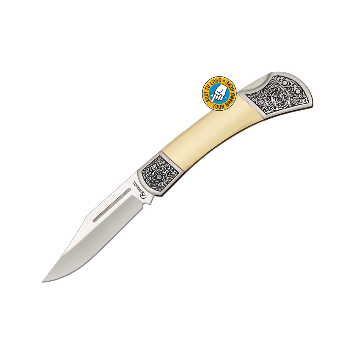 Navaja clásica con mango de PVC blanco y hoja de 7.8 cm con bloqu...