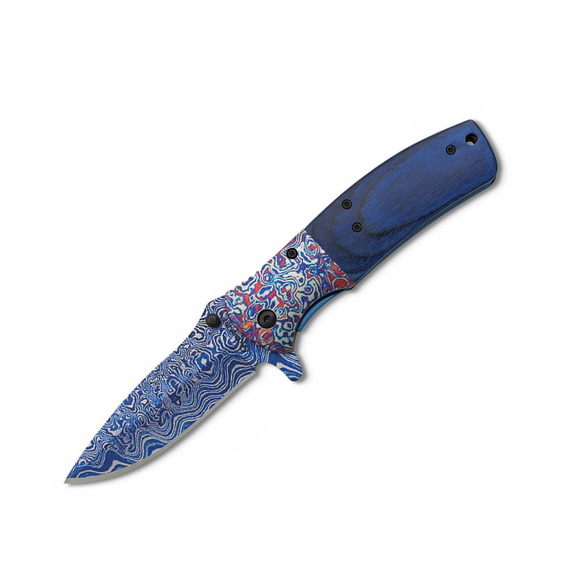 Navaja de bolsillo con mango de estamina azul y hoja azul con dec...