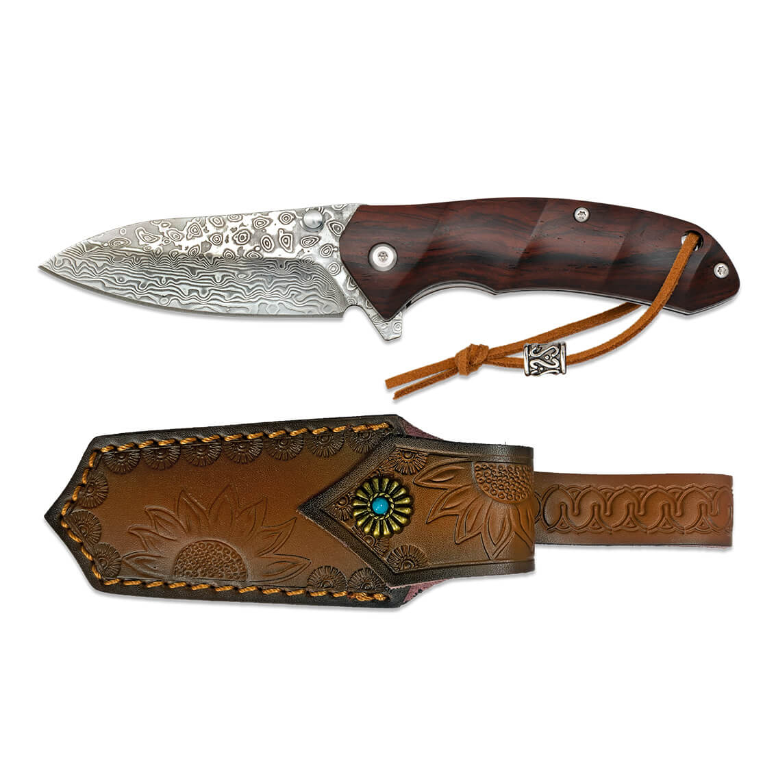 Navaja de bolsillo con mango de madera y hoja de 7.4 cm de acero damasco con ball bearing