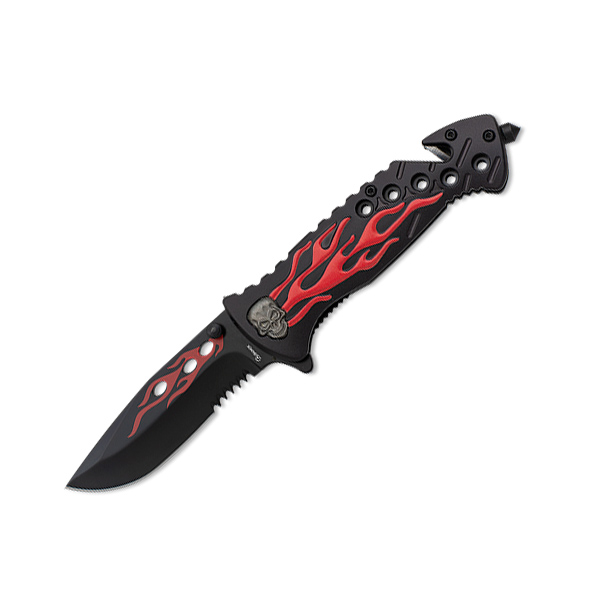 Navaja de bolsillo con mango de aluminio calavera y fuego roja y ...