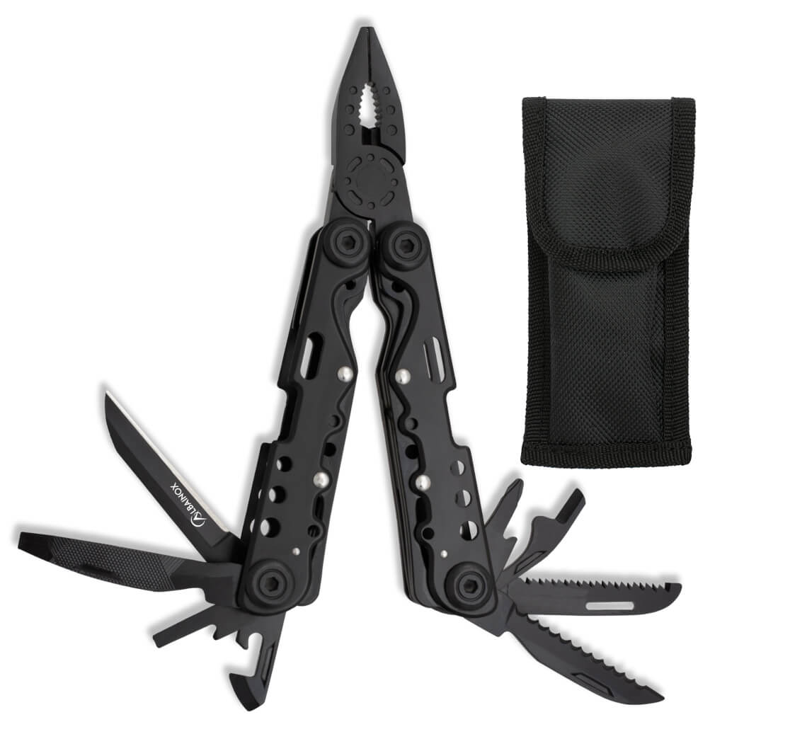 Alicate multiusos preto com 10 ferramentas e estojo em nylon