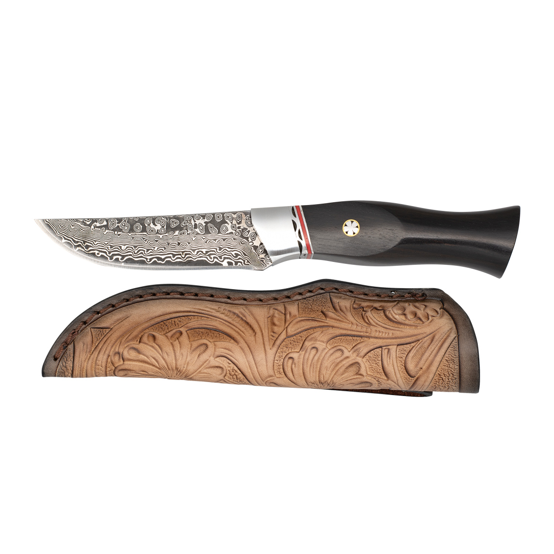 Cuchillo de caza con hoja de acero damasco de 9 cm y mango de ébano