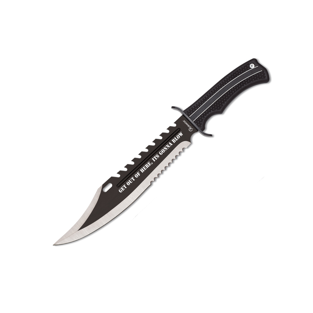 Cuchillo táctico con hoja negra de 29 cm y mango de goma negro