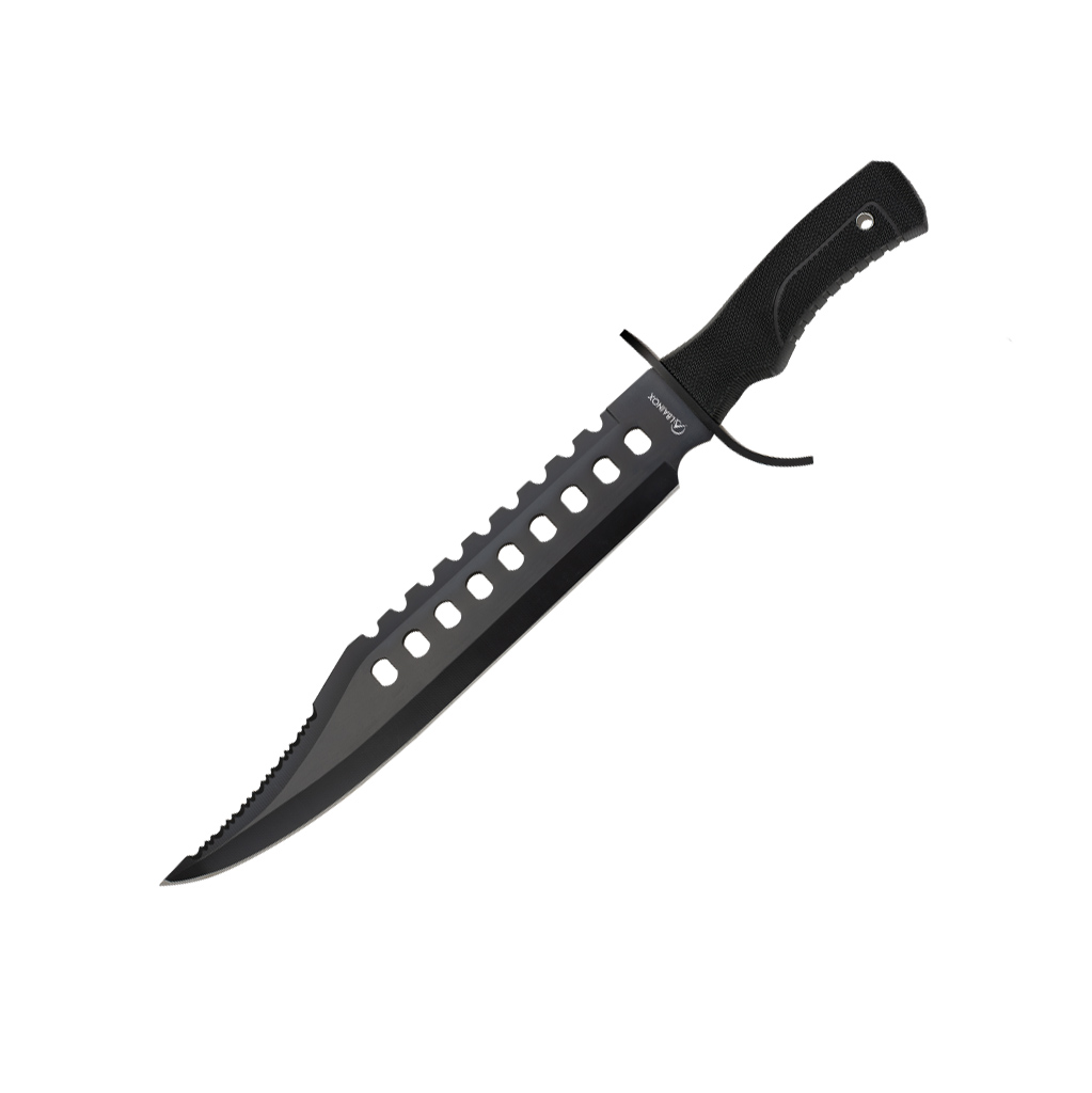 Cuchillo táctico con hoja negra de 30.5 cm y mango de fibra negra