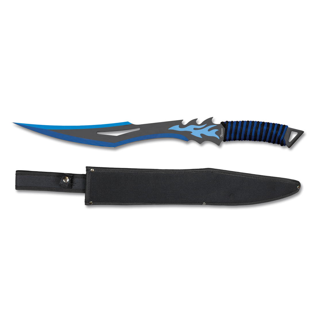 Machete táctico con hoja negra y azul de 37.5 cm y mango encordado