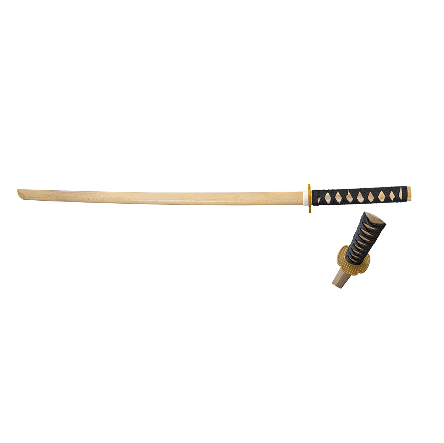 Katana de entrenamiento de madera con mango encordado negro y tsuba dorado