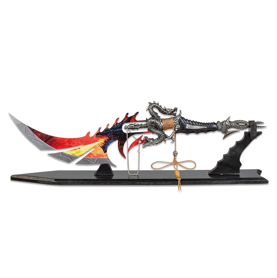 Cuchillo de decoración con serpientes y hoja con dibujo de dragón