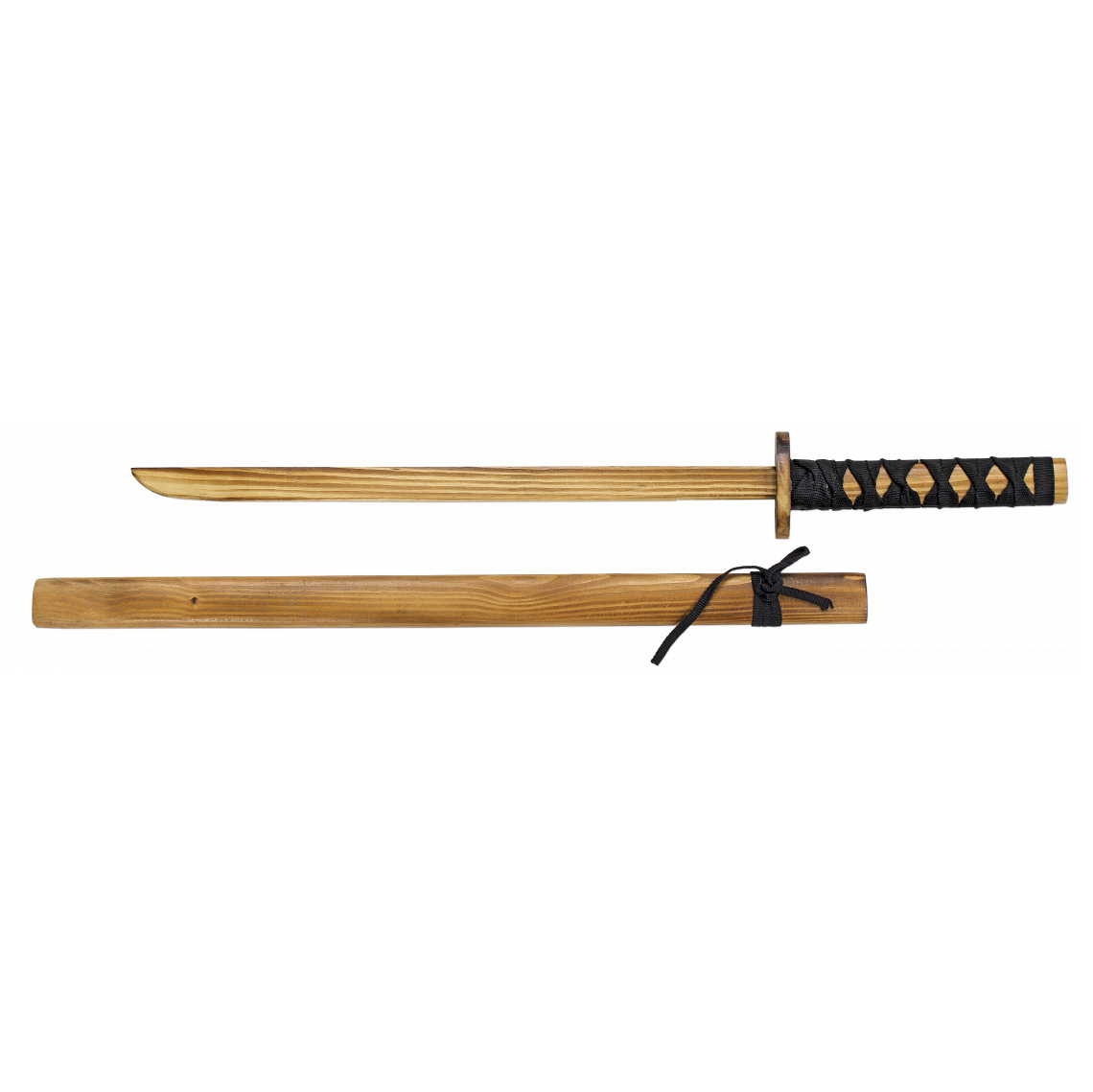 Katana em madeira com cabo em corda preta e comprimento de 72 cm
