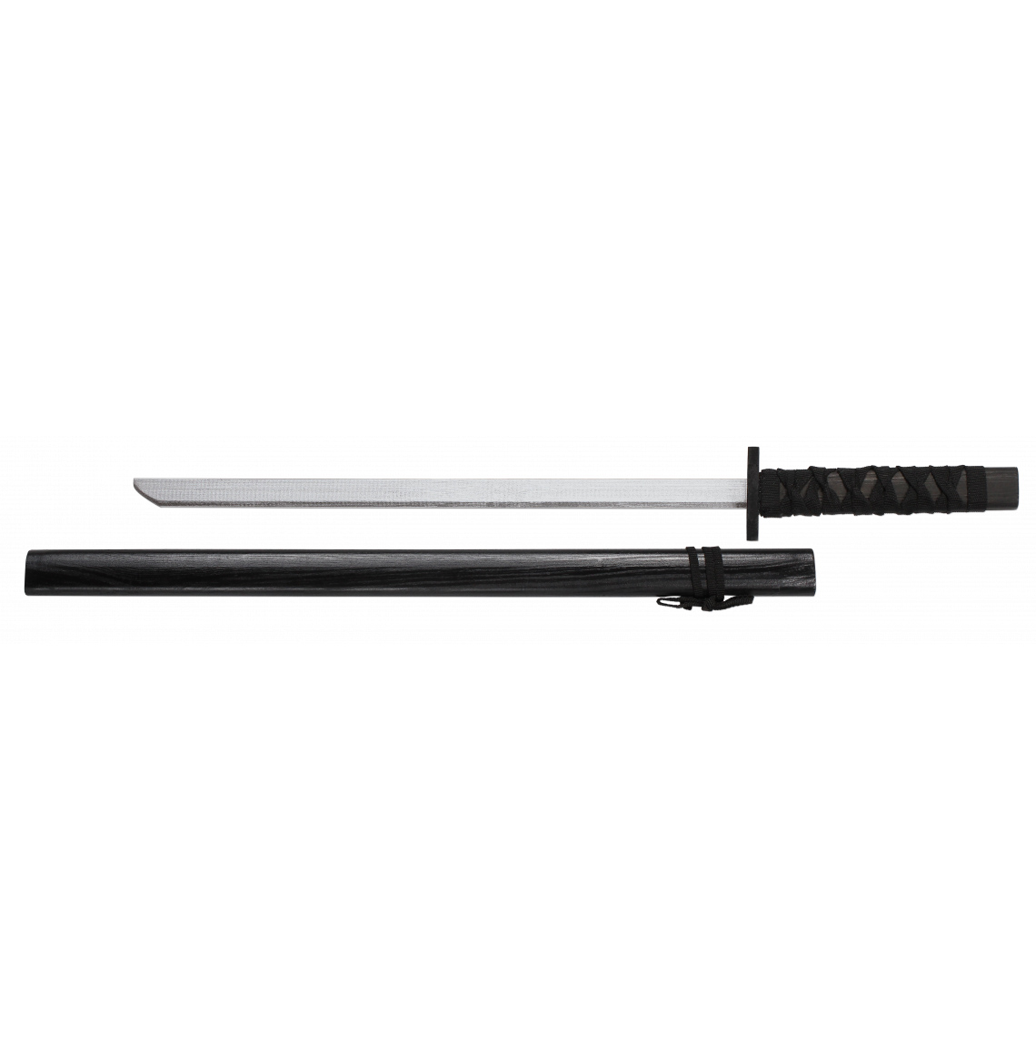 Wooden katana with black handle and black strings and a length of 72 cm