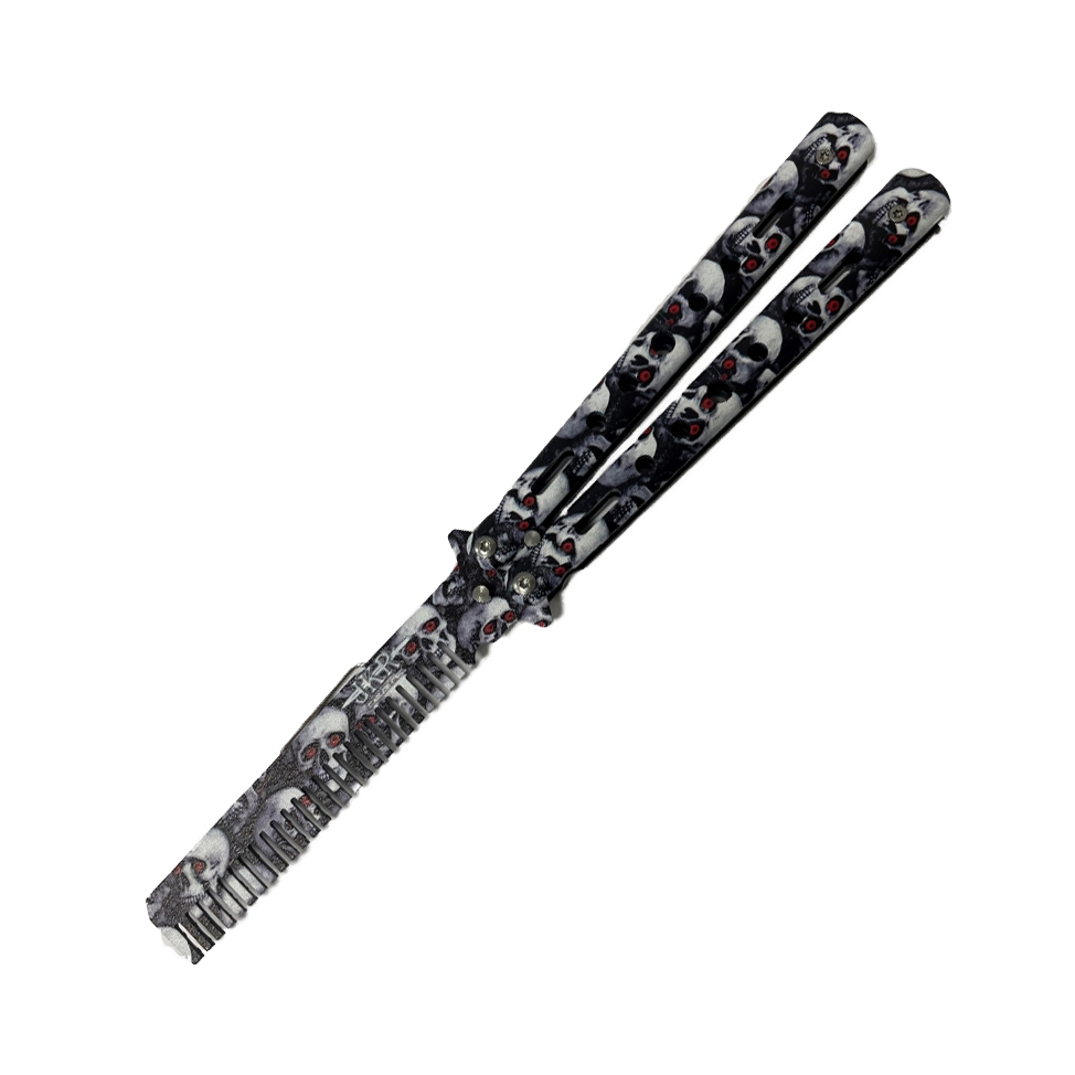 Navaja abanico con peine y dibujo calaveras JKR