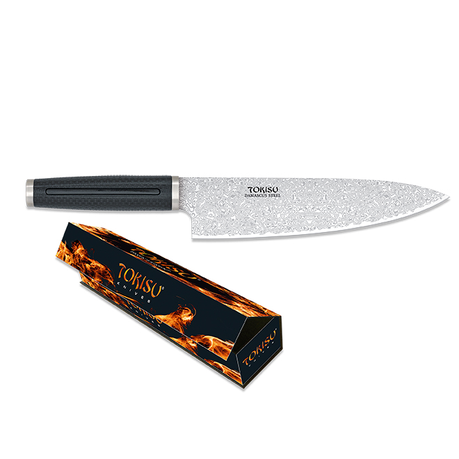 Couteau de cuisine Gyuto avec lame en acier Damas de 21,5 cm et manche en caoutchouc noir