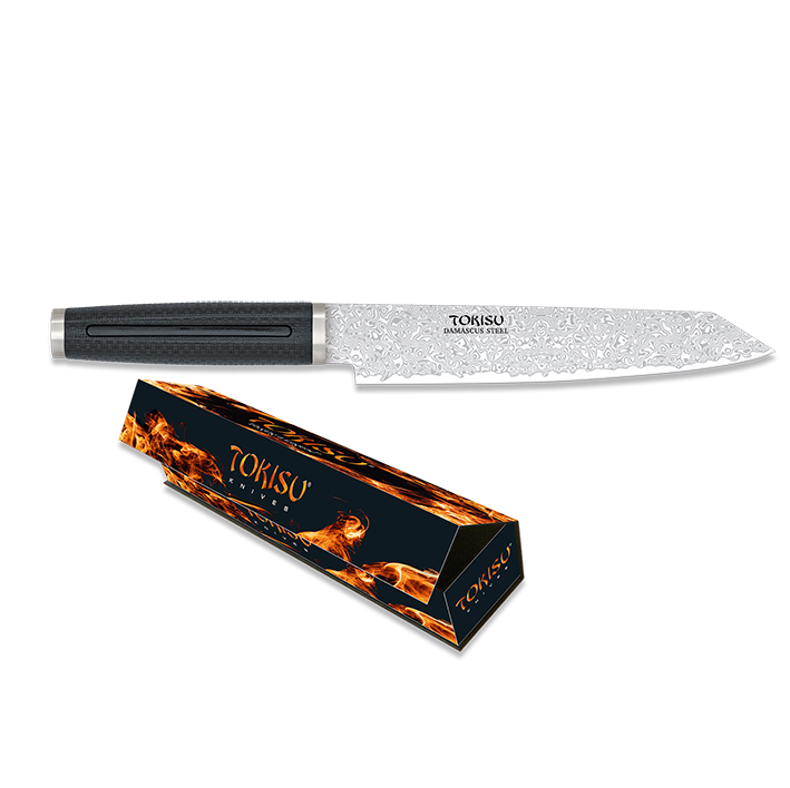 Cuchillo de cocina Kiritsuke con hoja de acero damasco de 20 cm y mango de goma negra
