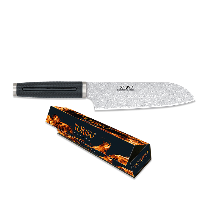 Cuchillo de cocina Santoku con hoja de acero damasco de 18 cm y mango de goma negra
