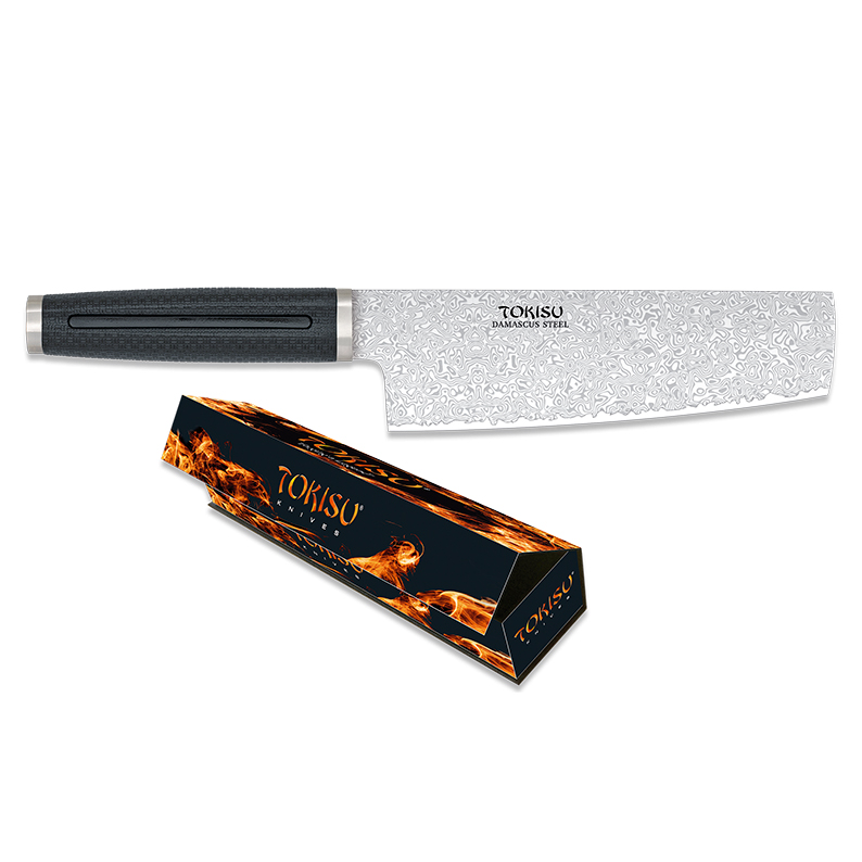 Cuchillo de cocina Nakiri con hoja de acero damasco de 18 cm y mango de goma negra