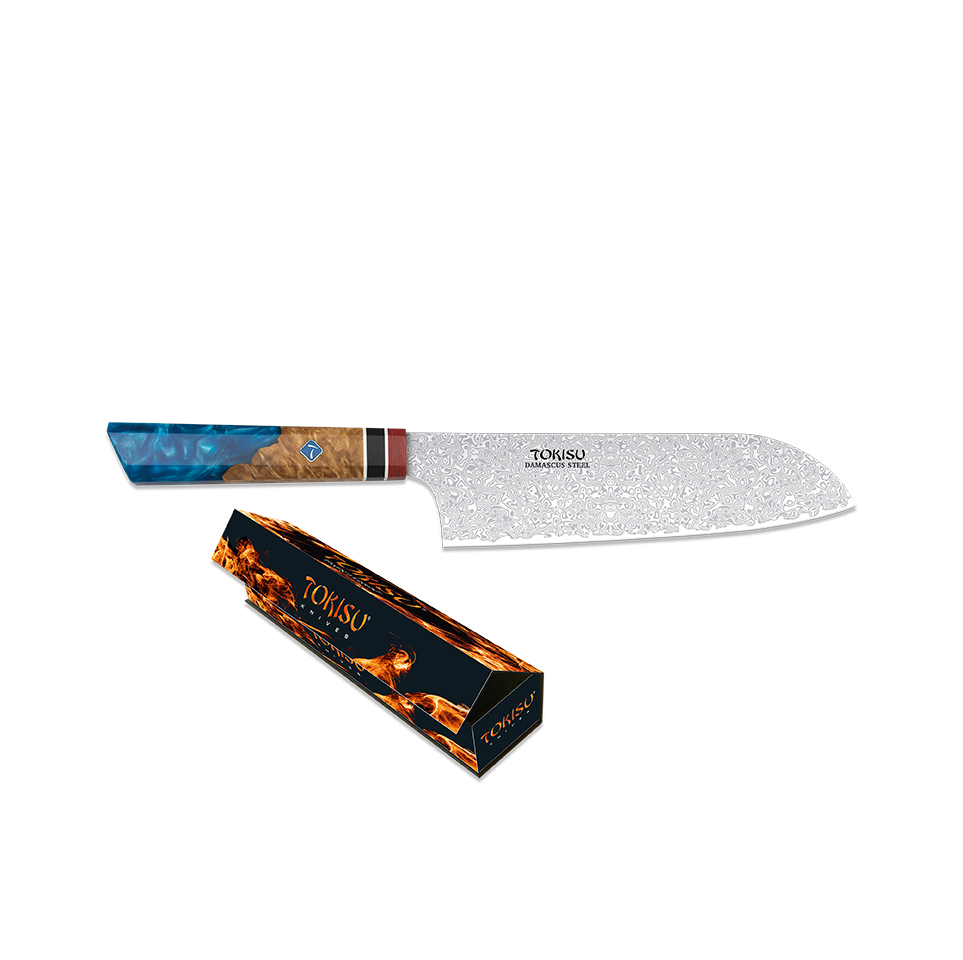 Cuchillo de cocina Santoku con hoja de acero damasco de 19.5 cm y mango de staypak azul y marrón