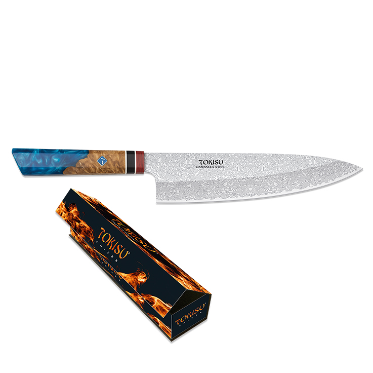 Cuchillo de cocina gyuto con hoja de acero damasco de 21.5 cm y mango de staypak azul y marrón
