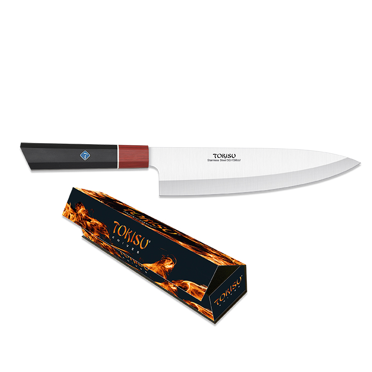 Couteau de cuisine Gyuto avec lame de 21,5 cm et manche G10 noir et rouge