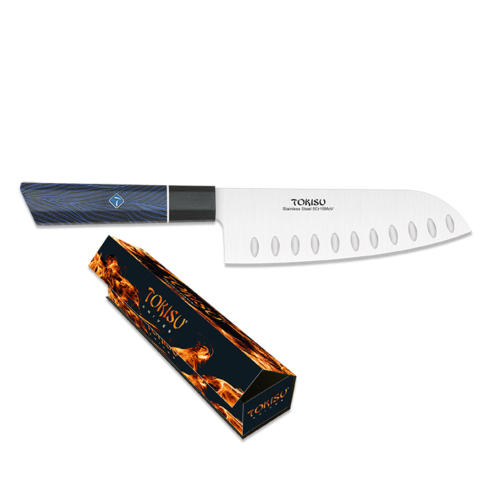 Couteau de cuisine Santoku avec lame de 17 cm et manche G10 bleu et noir
