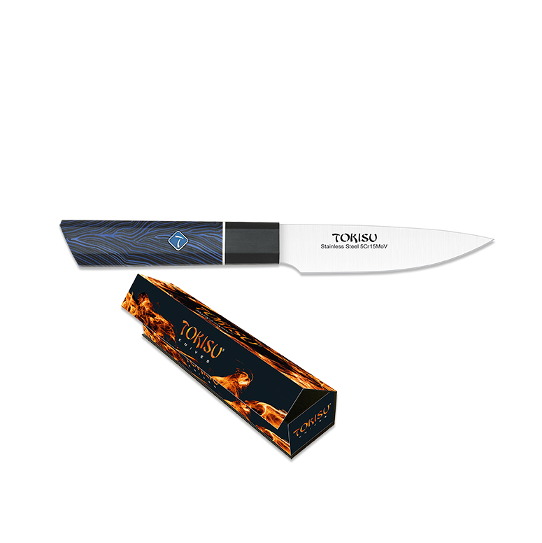 Cuchillo de cocina Petty con hoja de 11 cm y mango de G10 azul y negro