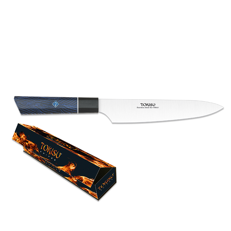 Faca de cozinha pequena gyuto com lâmina de 19,5 cm e cabo G10 azul e preto