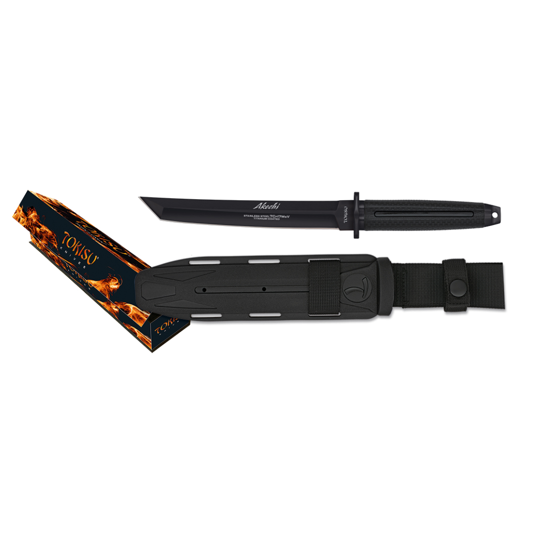 Cuchillo táctico Tokisu Akechi con mango de goma negra y hoja negra tipo tanto