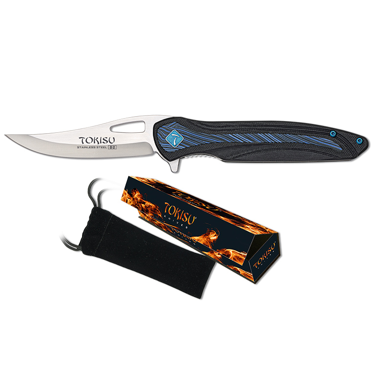 Canivete tático Tokisu com lâmina D2 de 8,4 cm e cabo damasco G10