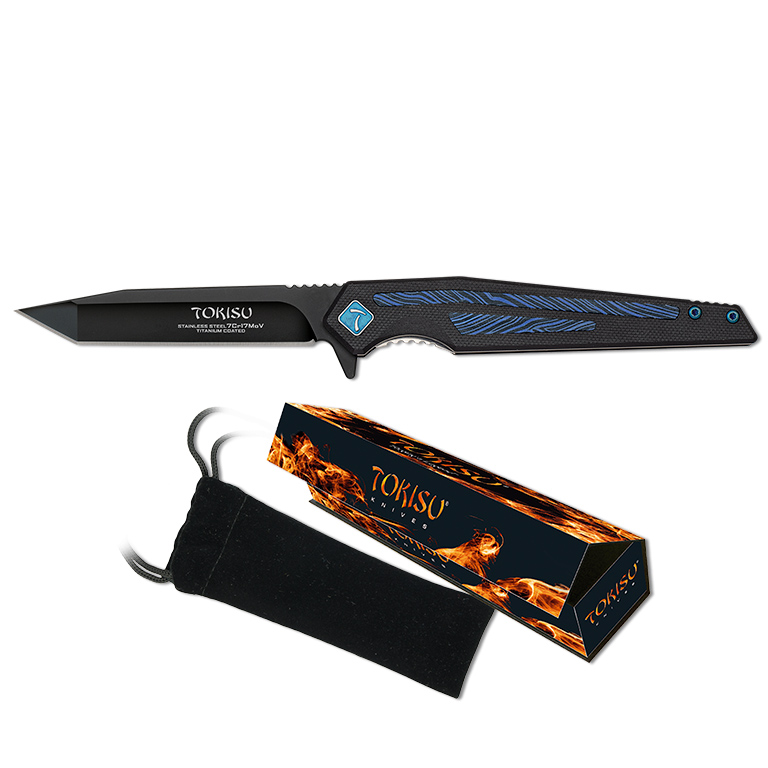 Navaja táctica Tokisu con hoja negra de 8.6 cm y mango de G10 damascus