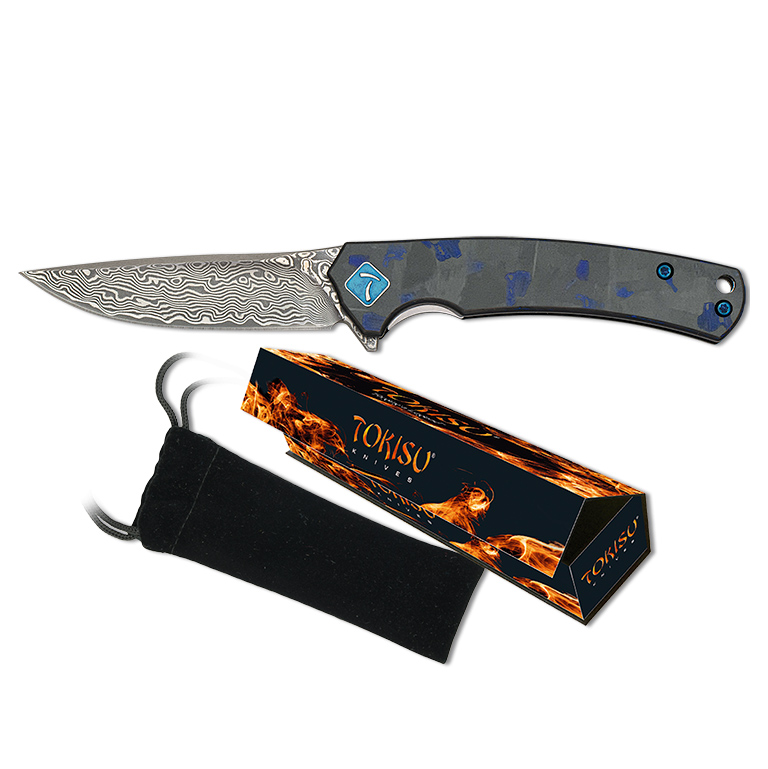 Canivete tático Tokisu com lâmina de alperce de 6,8 cm e fibra de carbono e cabo G10