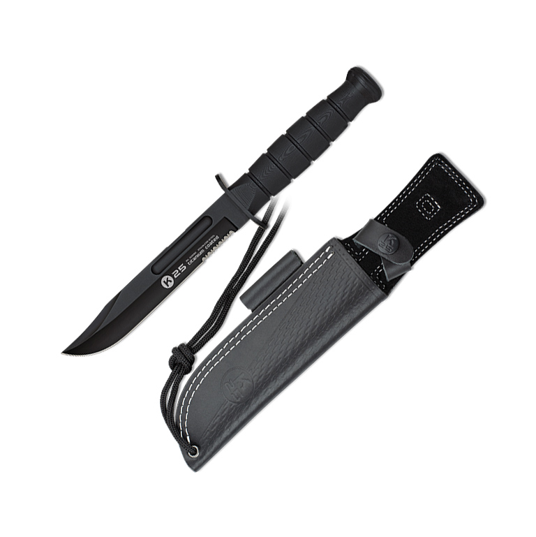 Cuchillo táctico K25 con hoja negra semi dentada y mango de G10 n...