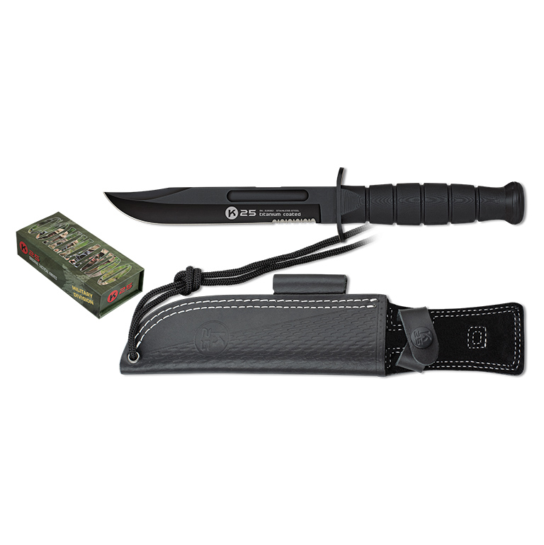 Faca tática K25 com lâmina semi-serrilhada preta e punho G10 preto