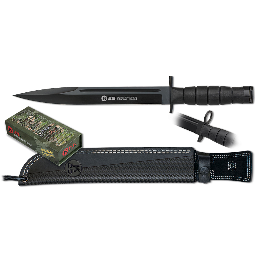 Couteau tactique K25 avec lame noire de 26 cm et manche G10 noir