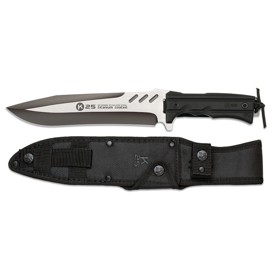 Cuchillo táctico K25 con hoja negra de 22.8 cm y mango de SFL negro
