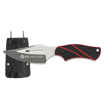 Couteau tactique K25 avec lame de 7 cm et manche G10 noir et rouge
