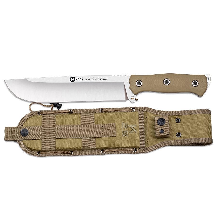 Cuchillo táctico K25 con hoja tipo machete de 22 cm y mango de G10 coyote