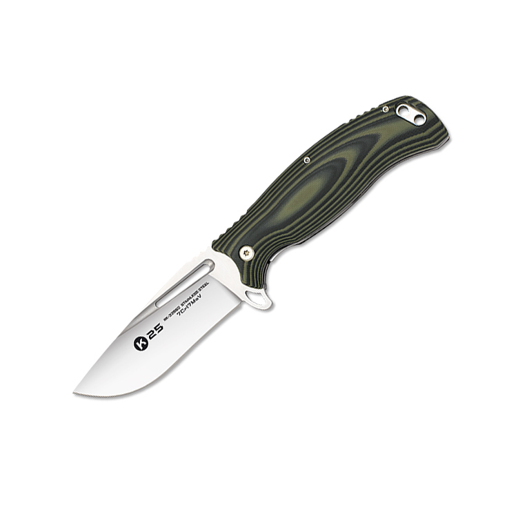 Navaja táctica K25 con hoja de 10 cm y mango de G10 verde y negro