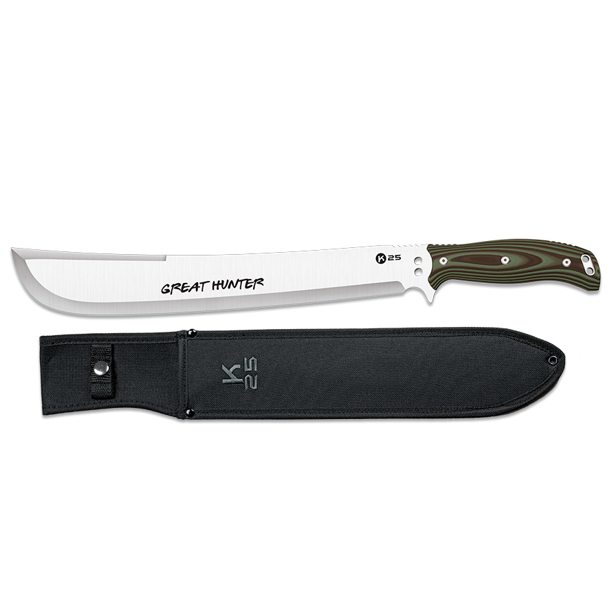 K25 Great Hunter tactical machete with 37 cm blade and green and black G10 handle