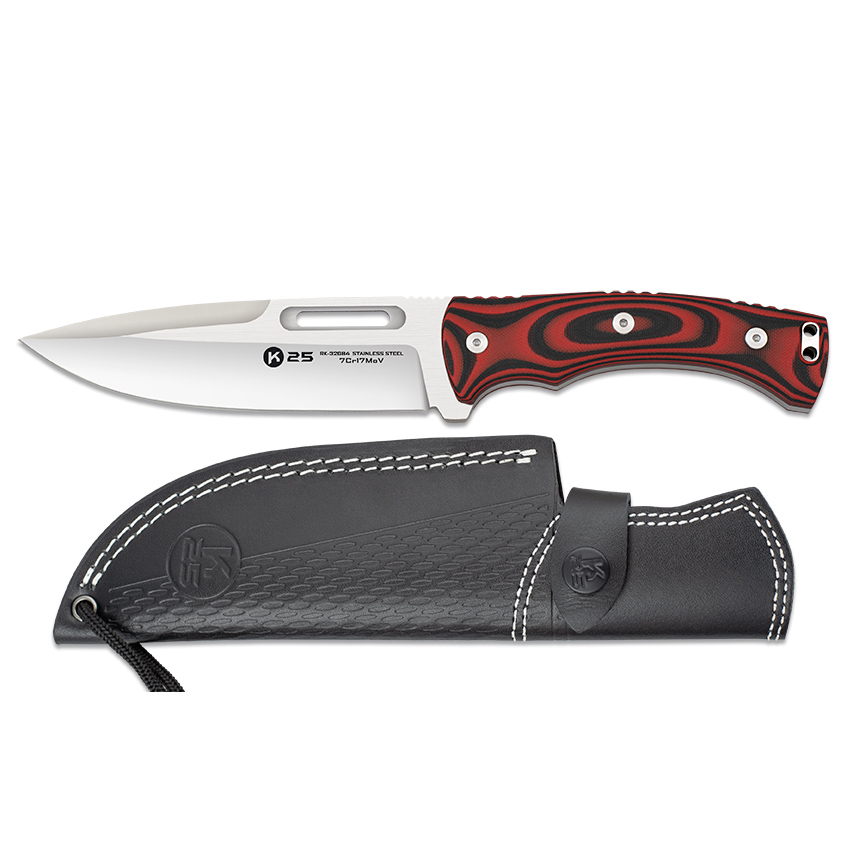 Couteau tactique K25 avec lame de 15 cm et manche G10 rouge et noir