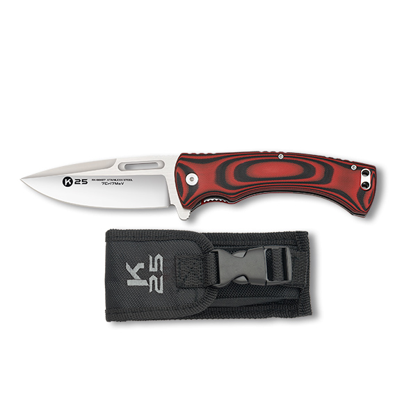 Navaja táctica K25 con hoja de 9.8 cm y mango de G10 rojo y negro